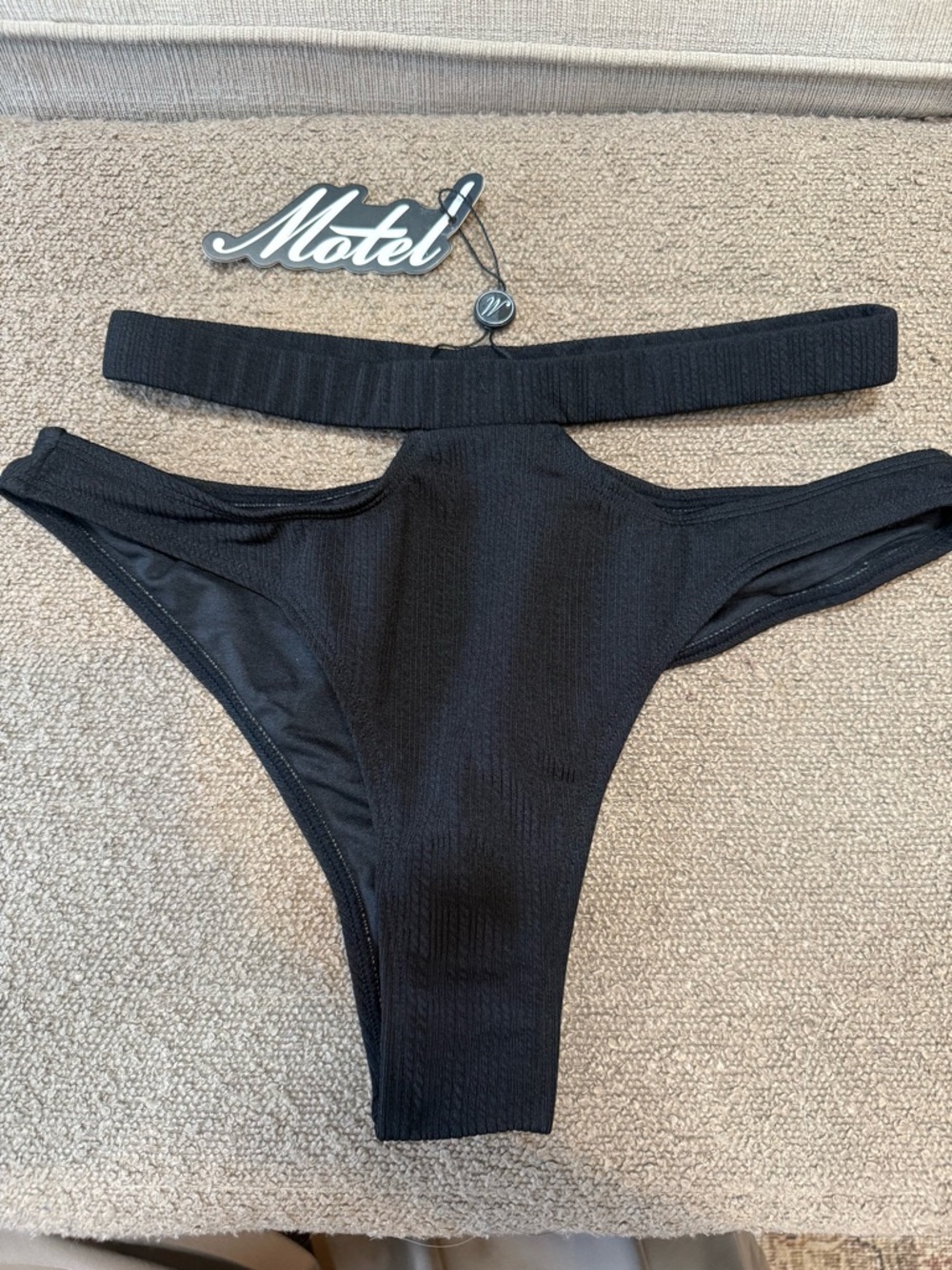 Motel Drelins Black Ribbed High-Cut Bikini Bottom NWT